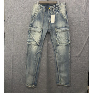 Mnml Cargo Jeans Mens 36 x 33 Light‎ Blue Distressed Fade Drawstring NWT